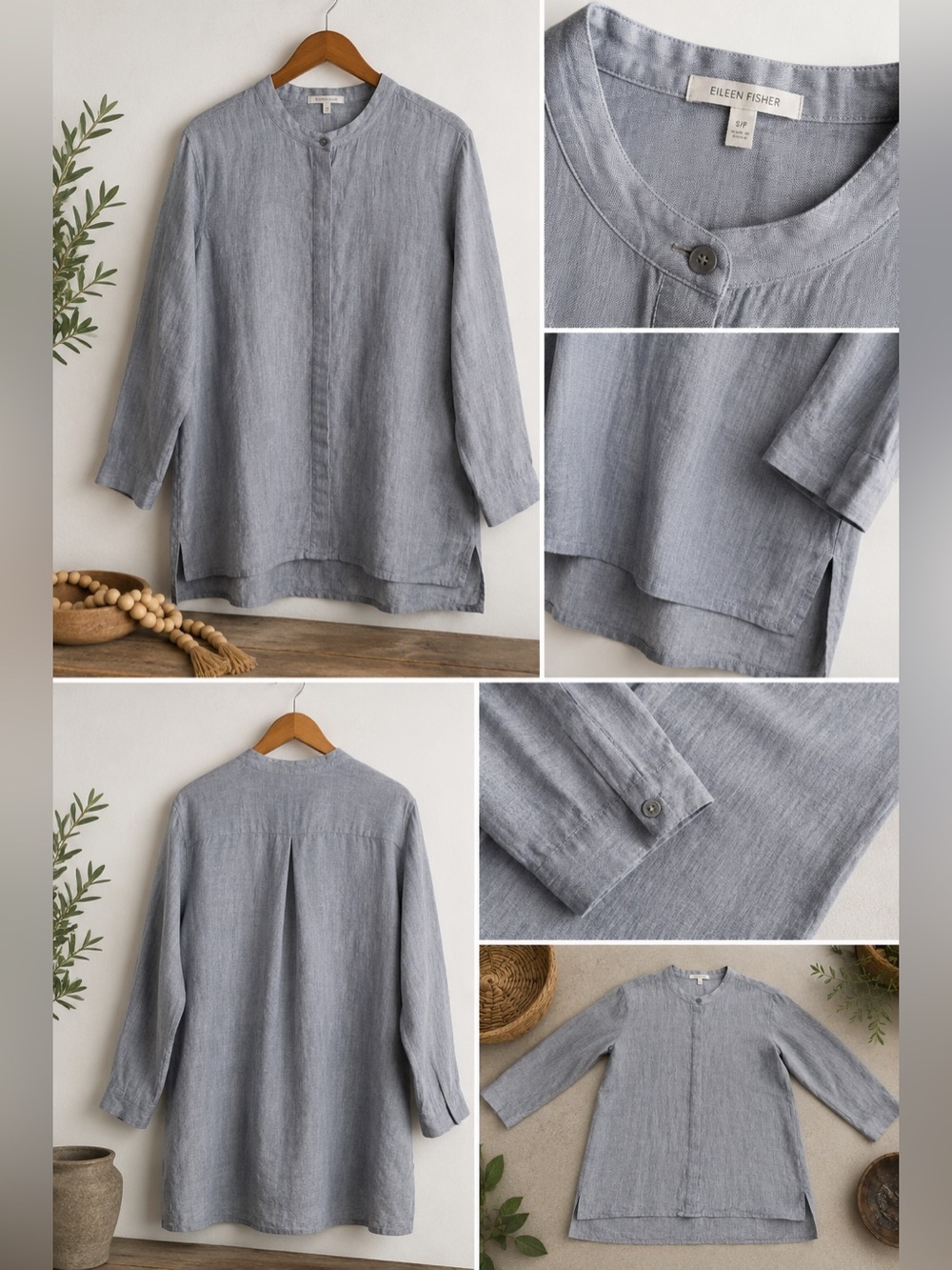 Eileen Fisher 100% Organic Linen Tunic Top Gray Blue Oversized S/P